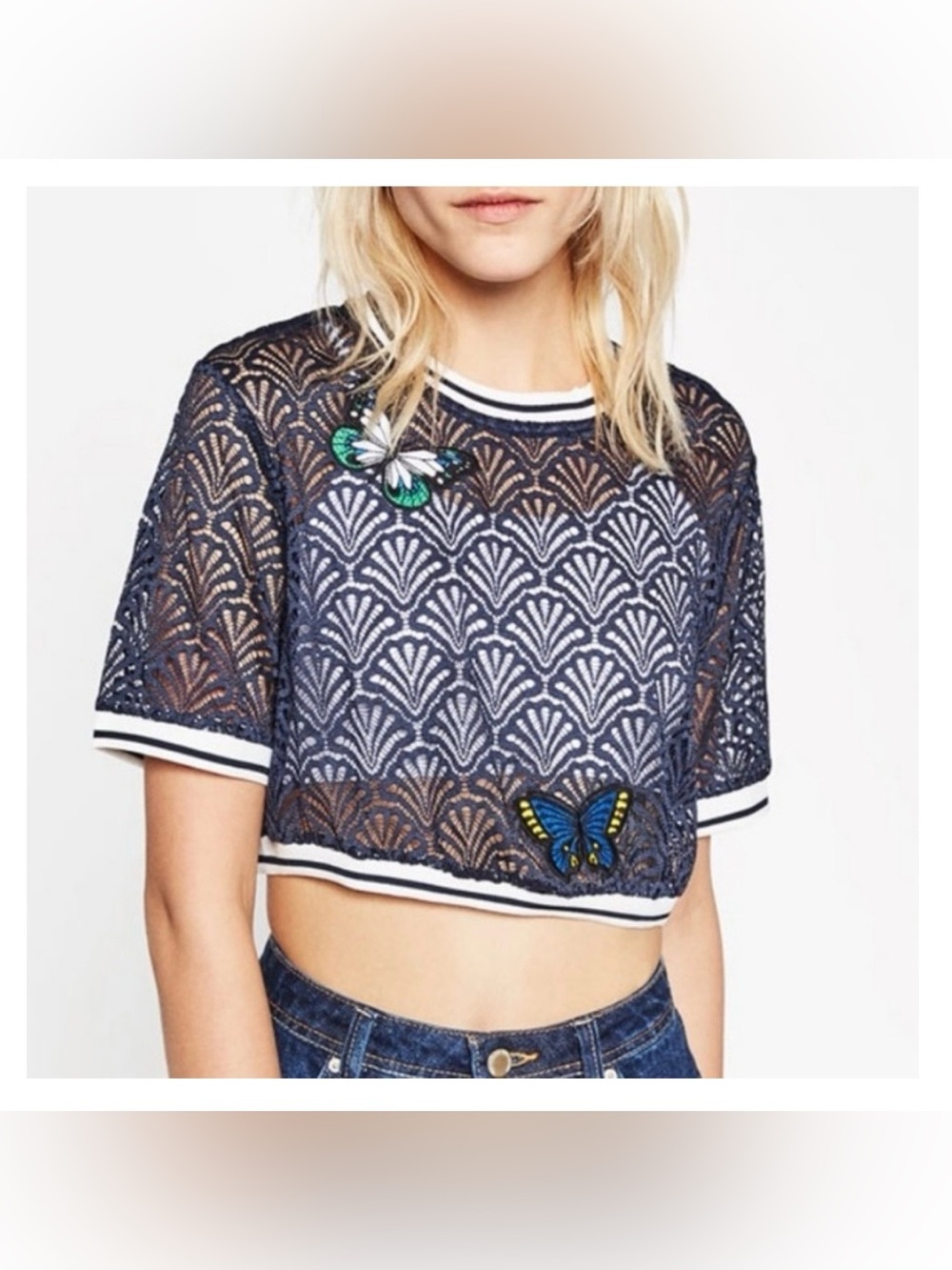 ZARA - Navy Lace Top with Butterfly Embroidery